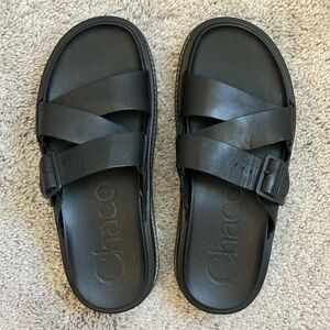 Chaco Black Leather Cross-Strap Slide Sandals